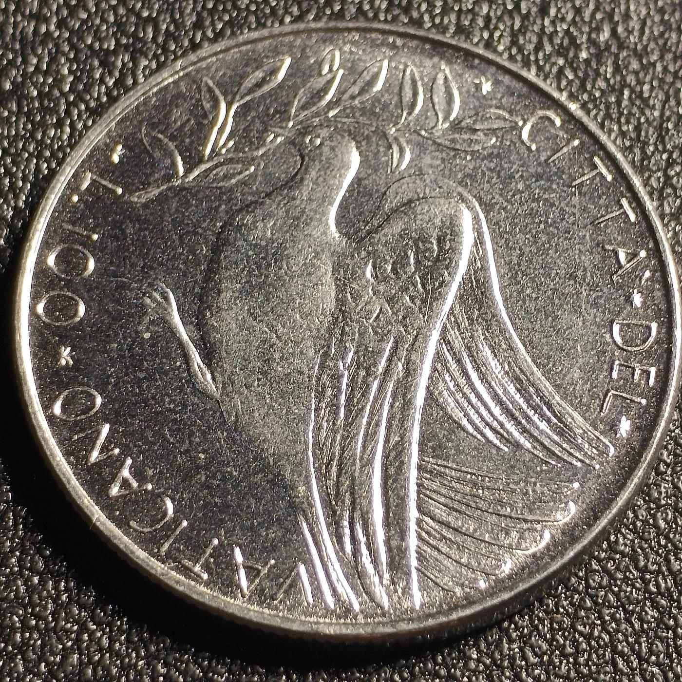 泉币菌-第128场-精品福利场(115场之后的本周末发货，感谢理解) 少见原光 1972年梵蒂冈100里拉不锈钢硬幣 28mm 和平鸽橄榄枝 纪念币铜钱