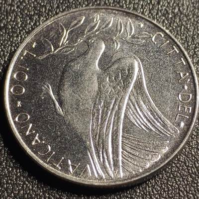 泉币菌-第128场-精品福利场(115场之后的本周末发货，感谢理解) - 少见原光 1972年梵蒂冈100里拉不锈钢硬幣 28mm 和平鸽橄榄枝 纪念币铜钱