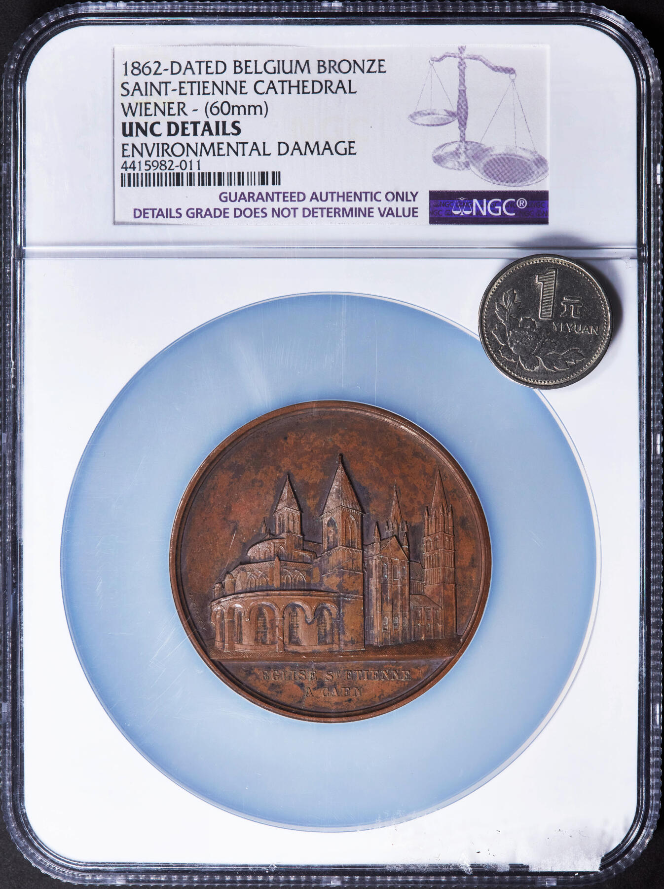 【俄甄集藏】2025年(044)11-12星期三晚 19:30 全场包邮 法国1862年雅克布·维纳教堂系列-卡昂圣埃提安教堂大铜章，NGC UNCD，名誉品种，设计精美，直径60mm