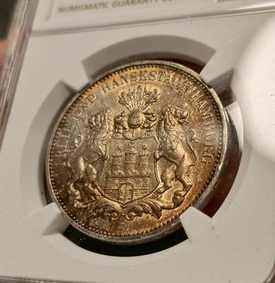 甄臻铺-世界币章拍卖（第38期）立冬小精品场，送拍享返佣金等优惠多多 NGC-AU58 德国汉堡自由市1911年3马克银币，原汁原味黄油彩老包浆，包浆醇厚，状态极佳，状态和品质绝对不输MS级。