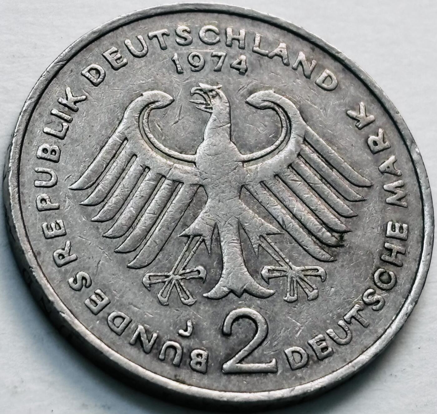 文馨钱币收藏第 279 场，银币，纪念铜章场 长期接收代拍品 1974 年德国 2 马克 J 版，第一任总理康拉德 阿登纳纪念币