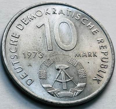 文馨钱币收藏第 279 场，银币，纪念铜章场 长期接收代拍品 - 原光好品 1973年 东德10马克纪念币 第十届世界青年与学生联欢节