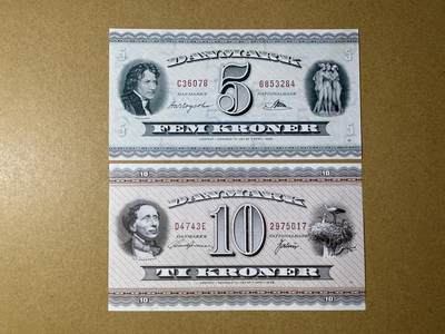 《艾美收藏》第219期-11.9周日外币畅拍场 - 丹麦5、10克朗2张 UNC “三裸女"和安徒生 原票好品 轻微荧光 非常难得的品相
