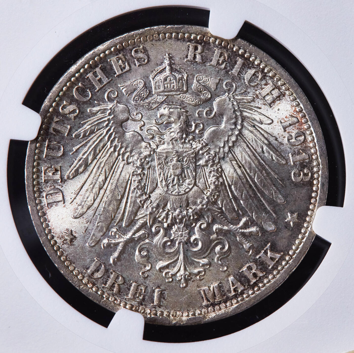 【俄甄集藏】2025年(044)11-12星期三晚 19:30 全场包邮 德国普鲁士1913年A版威廉二世军装3马克银币，NGC MS64，黄油彩包浆，十字转光品相，状态养眼