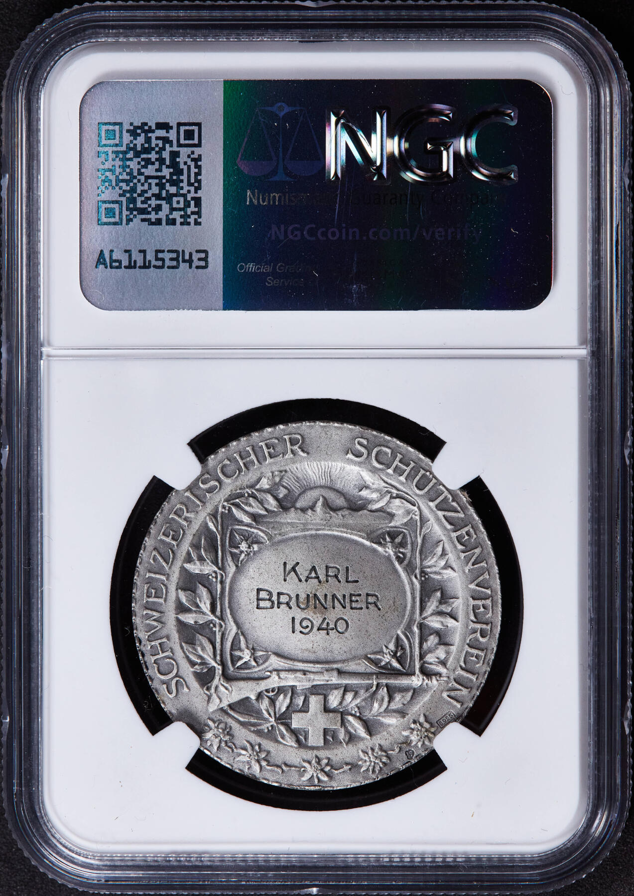 【俄甄集藏】2025年(044)11-12星期三晚 19:30 全场包邮 瑞士1940年纪念联邦射击节银质奖章，NGC MS65，授予卡尔·布伦纳，磨砂底板，顶级状态