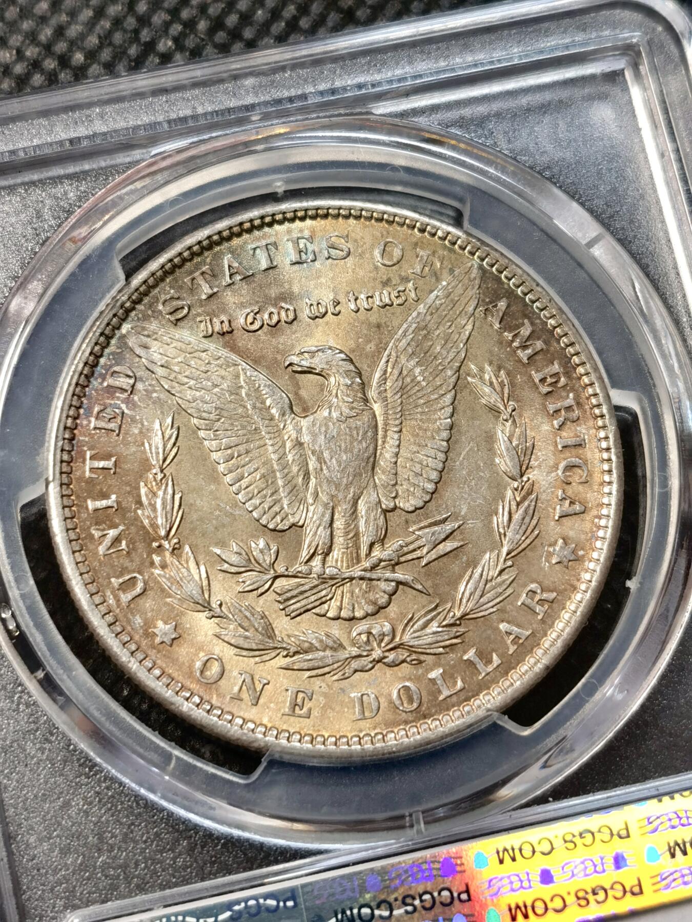 甄臻铺-世界币章拍卖（第38期）立冬小精品场，送拍享返佣金等优惠多多 PCGS-MS63 1889年美国摩根，单面炫彩，卷尾，低评