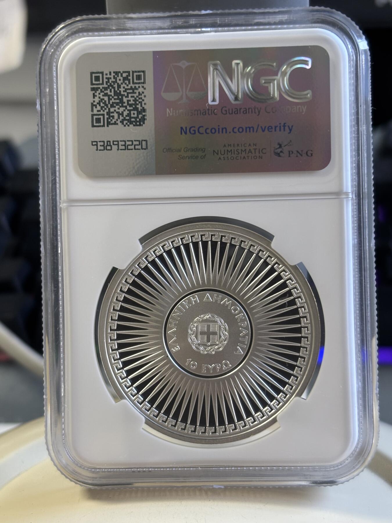 第181期拍卖 希腊2024年文化系列数学家埃拉托斯特尼10欧精制纪念银币NGC PF69原盒证书，34.1克，925银，发行2000枚