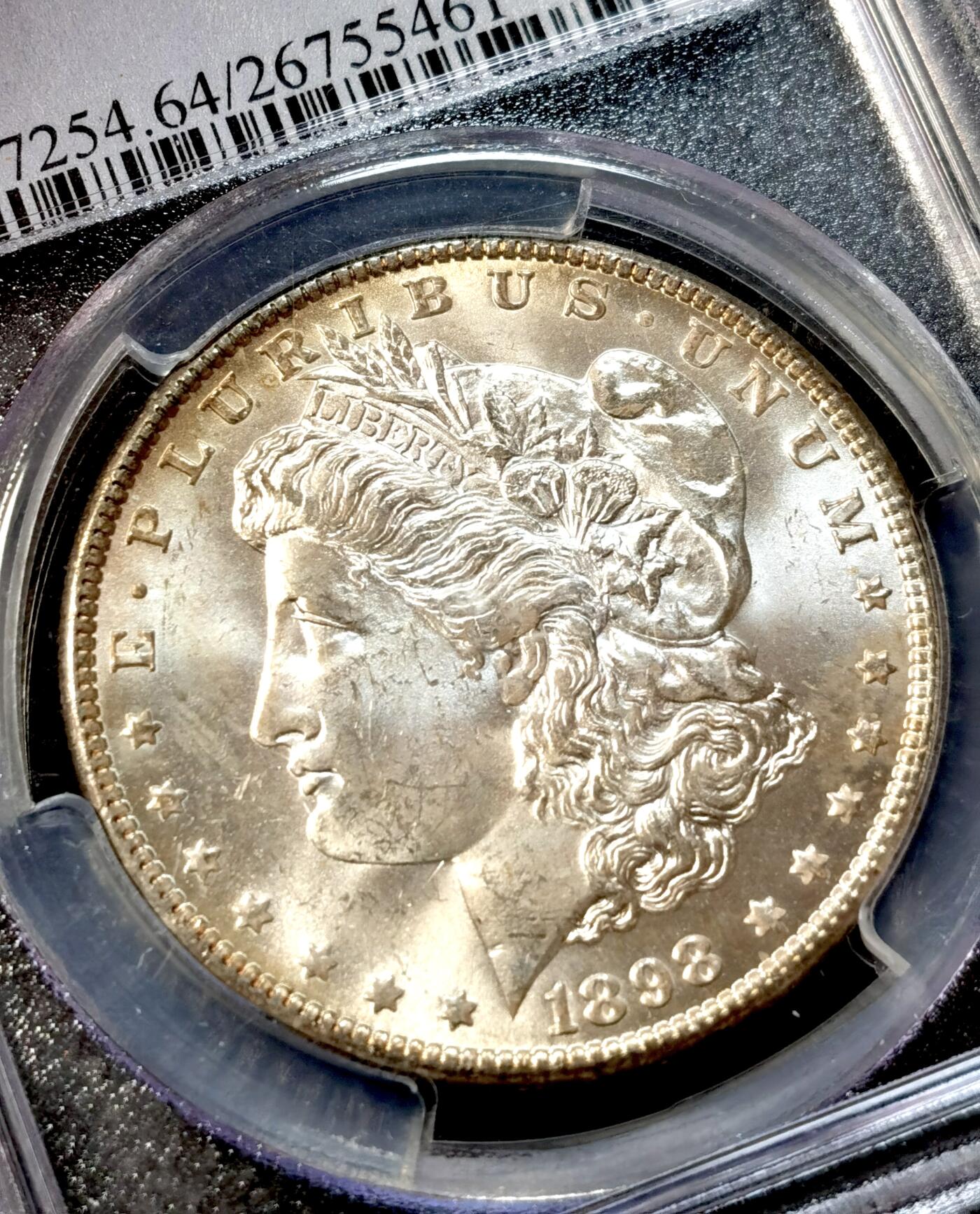 甄臻铺-世界币章拍卖（第38期）立冬小精品场，送拍享返佣金等优惠多多 PCGS-MS64 美国1898年O版摩根一元银币，发行量相对较少，带黄油光环彩