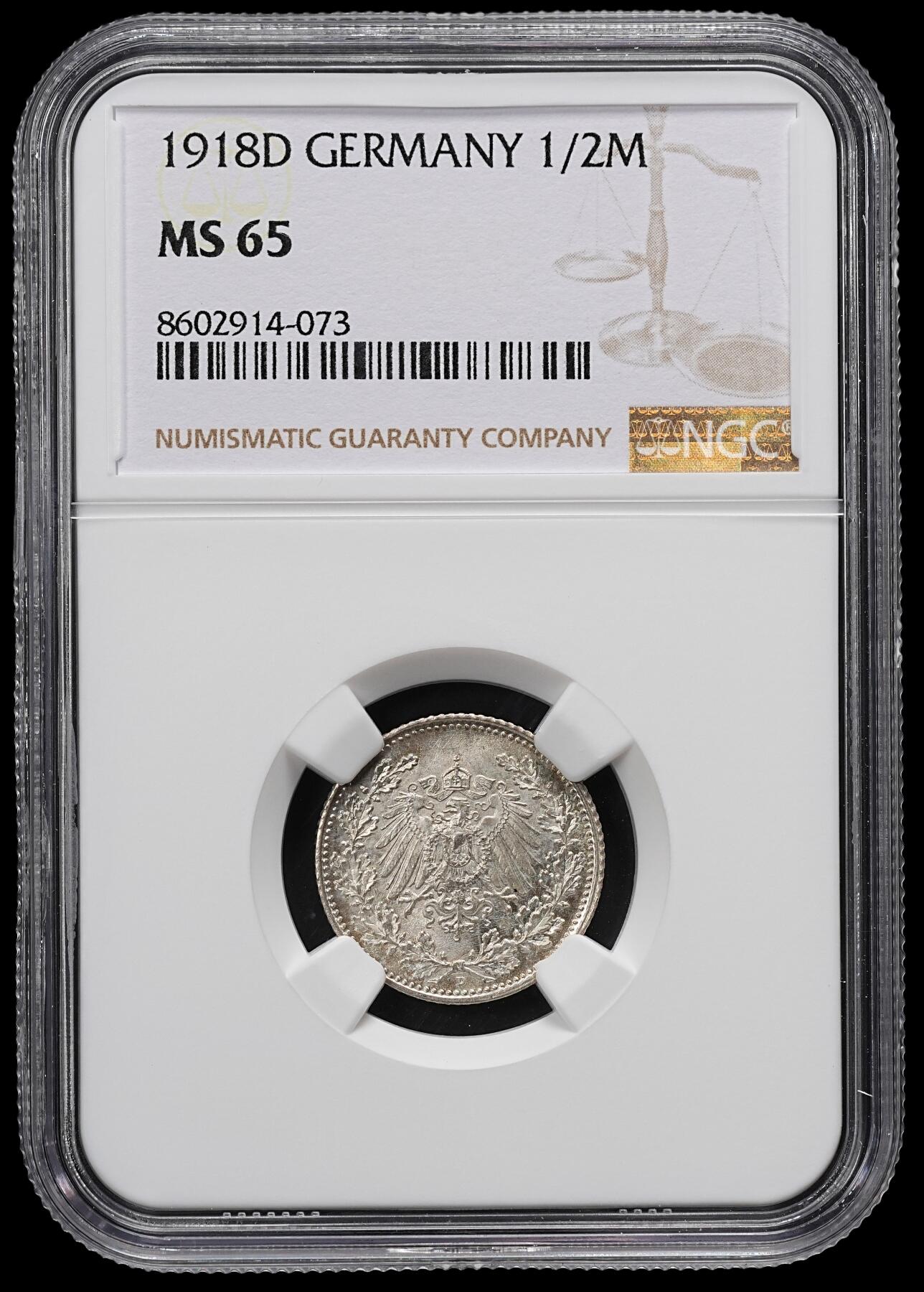 修遠堂世界钱币第九十二期 NGC MS65 1918年德国1/2马克银币 D厂铭