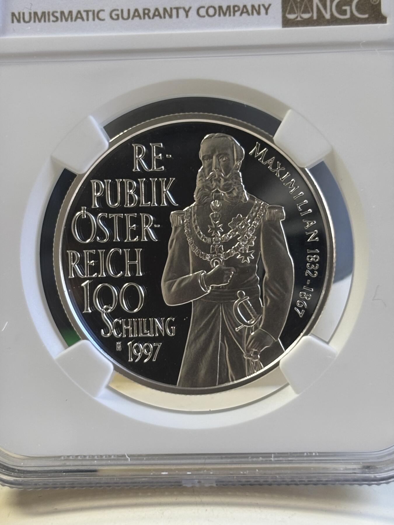 第181期拍卖 获奖币 奥地利1997年 马克西米连一世皇帝精制纪念银币 NGC -PF69无盒无证书，20克，900银， 1999年克劳斯最佳银币