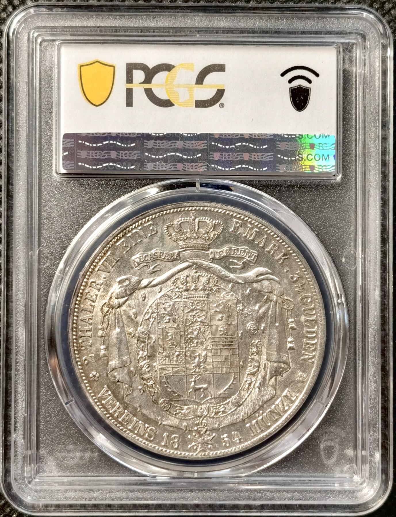 甄臻铺-世界币章拍卖（第38期）立冬小精品场，送拍享返佣金等优惠多多 PCGS-AU58 德国1854年 不伦瑞克狼堡威廉2泰勒大银币 盾徽版 流通主币，250000发行量，非常见年份 状态非常好，疑似低评，十字大转光