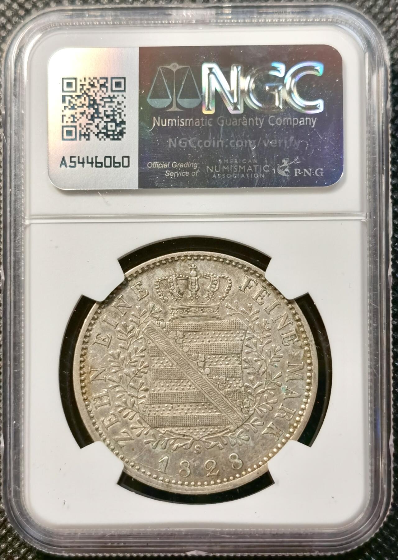甄臻铺-世界币章拍卖（第38期）立冬小精品场，送拍享返佣金等优惠多多 NGC-AUD 1828年德国萨克森安东尼一世费因马克泰勒银币，原汁原味老包浆，细节清晰
