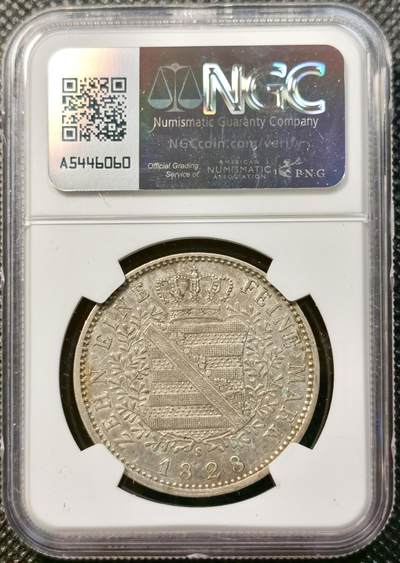 甄臻铺-世界币章拍卖（第38期）立冬小精品场，送拍享返佣金等优惠多多 NGC-AUD 1828年德国萨克森安东尼一世费因马克泰勒银币 早期大尺寸泰勒 少见的摩尔人版本 比后期的少很多