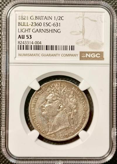 甄臻铺-世界币章拍卖（第38期）立冬小精品场，送拍享返佣金等优惠多多 - NGC-AU53 1821年乔治四世半克朗，三花版，包浆厚重历史感