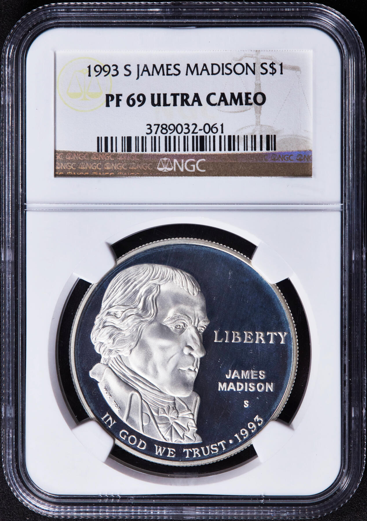 【俄甄集藏】2025年(044)11-12星期三晚 19:30 全场包邮 美国1993年詹姆斯·麦迪逊头像人权法纪念精制1元大银币，NGC PF69UC，重26.73克，90%银，发行量534001枚，旧金山厂铸造