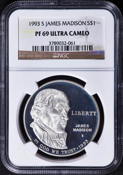 【俄甄集藏】2025年(044)11-12星期三晚 19:30 全场包邮 - 美国1993年詹姆斯·麦迪逊头像人权法纪念精制1元大银币，NGC PF69UC，重26.73克，90%银，发行量534001枚，旧金山厂铸造
