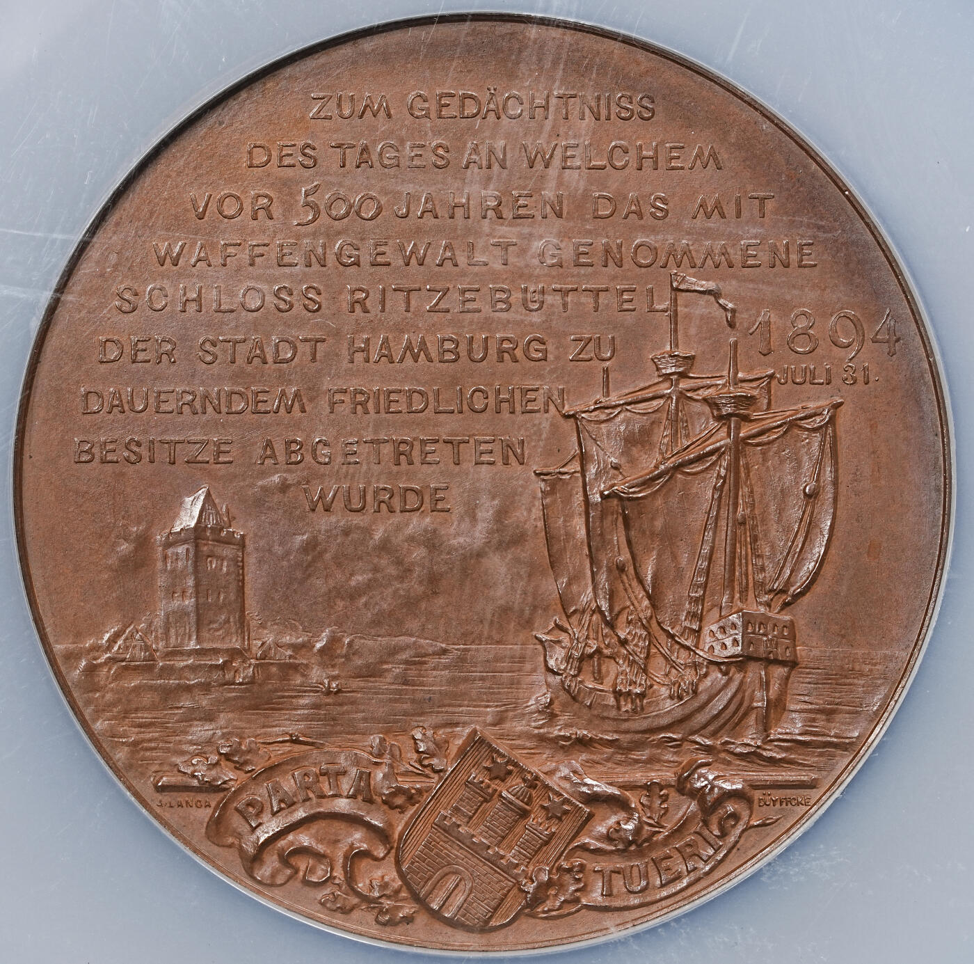 修遠堂世界钱币第九十二期 NGC MS64BN 1894年德国里特布苏特尔城堡500周年纪念大铜章