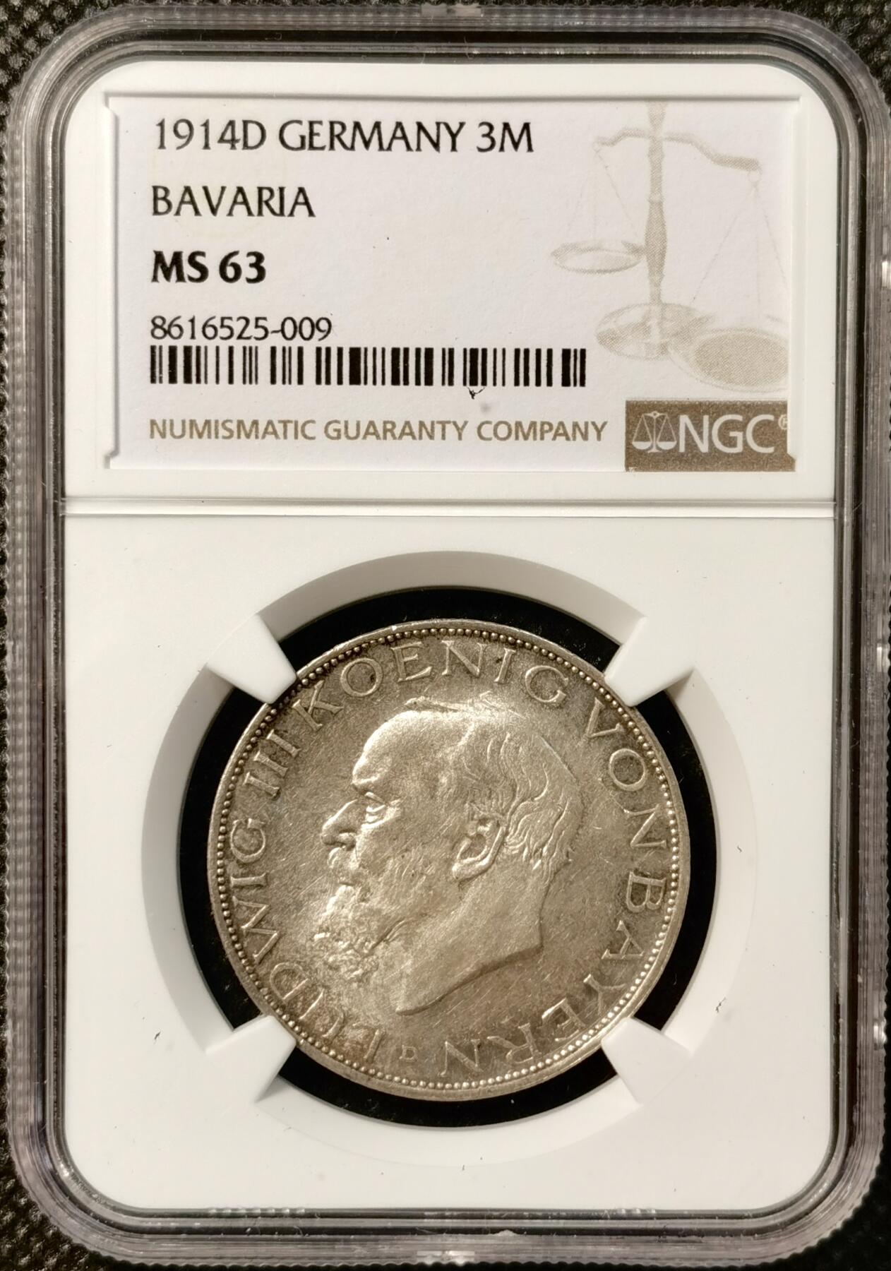 甄臻铺-世界币章拍卖（第38期）立冬小精品场，送拍享返佣金等优惠多多 NGC-MS63 1914年德国巴伐利亚路德维希3马克银币，纸袋包浆