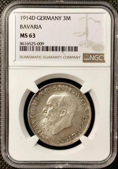 甄臻铺-世界币章拍卖（第38期）立冬小精品场，送拍享返佣金等优惠多多 - NGC-MS63 1914年德国巴伐利亚路德维希3马克银币，纸袋包浆