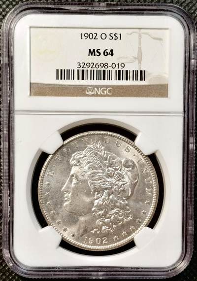 甄臻铺-世界币章拍卖（第38期）立冬小精品场，送拍享返佣金等优惠多多 - NGC-MS64 美国1902年O版摩根1美元银币 老盒严评，状态极佳，暴力转光，有磕角，完全不影响币的观赏和收藏，性价比高