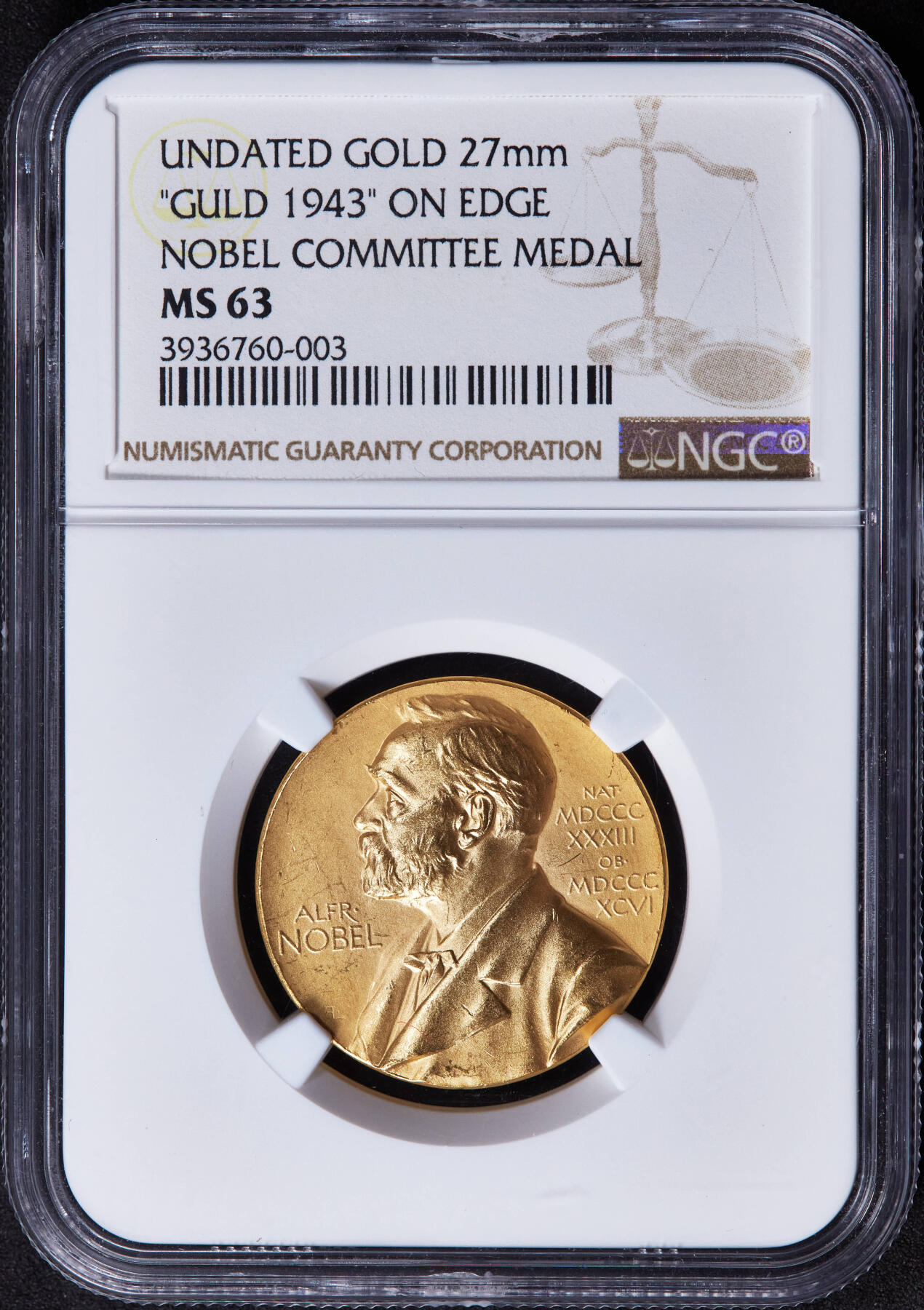 【俄甄集藏】2025年(044)11-12星期三晚 19:30 全场包邮 瑞典1943年诺贝尔奖委员会纪念金质奖章，NGC MS63，直径27mm，重约20.3克，非常规尺寸，稀有品种