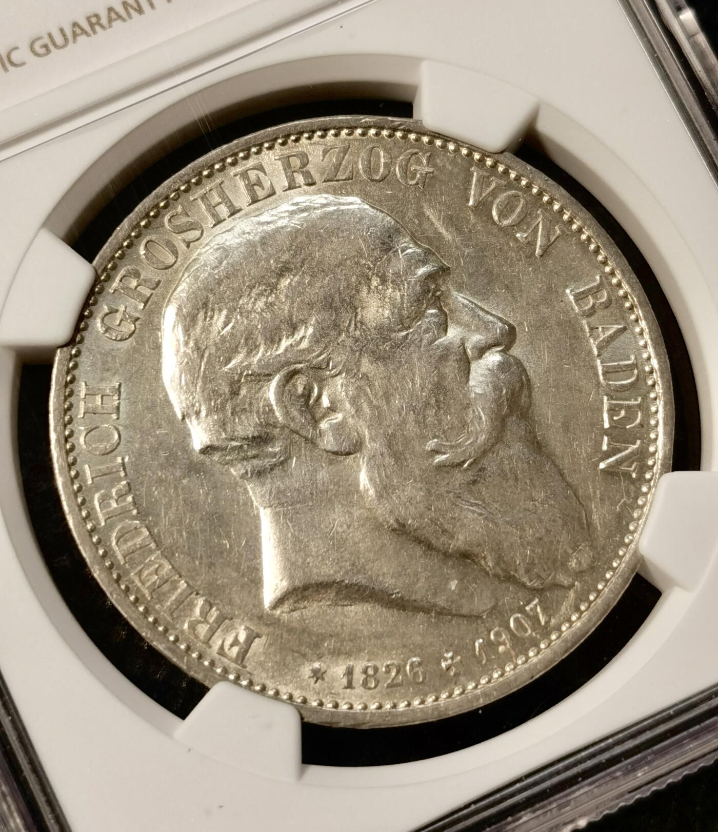 甄臻铺-世界币章拍卖（第38期）立冬小精品场，送拍享返佣金等优惠多多 NGC-MS62 德国巴登 1907年 佛里德里希逝世纪念 5马克银币 高点清晰 背板光不错