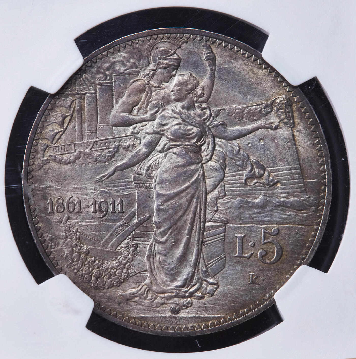 【俄甄集藏】2025年(044)11-12星期三晚 19:30 全场包邮 意大利1911年R版伊曼纽尔三世建国50周年播种5里拉大银币，NGC MS62，黄油酱彩原味包浆，原光品相，名誉品种，设计精美，味道极佳