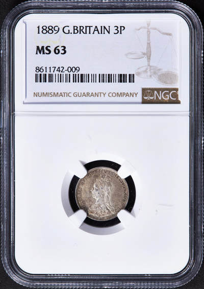 【俄甄集藏】2025年(044)11-12星期三晚 19:30 全场包邮 - 英国1889年维多利亚高冠版濯足节3便士银币，NGC MS63，黄油彩转光品相
