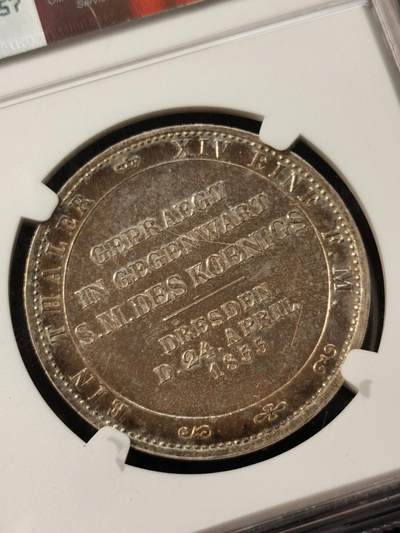 甄臻铺-世界币章拍卖（第38期）立冬小精品场，送拍享返佣金等优惠多多 NGC-UNCD 1855年德国萨克森约翰国王访问造币厂纪念泰勒 少见品种 pl质感 金彩包浆