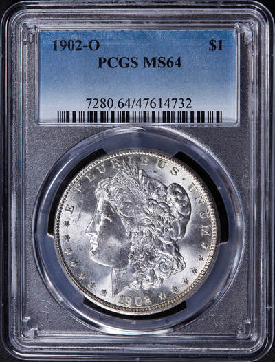 【俄甄集藏】2025年(044)11-12星期三晚 19:30 全场包邮 - 美国1902年O版摩根1美元大银币，PCGS MS64，车轮转光