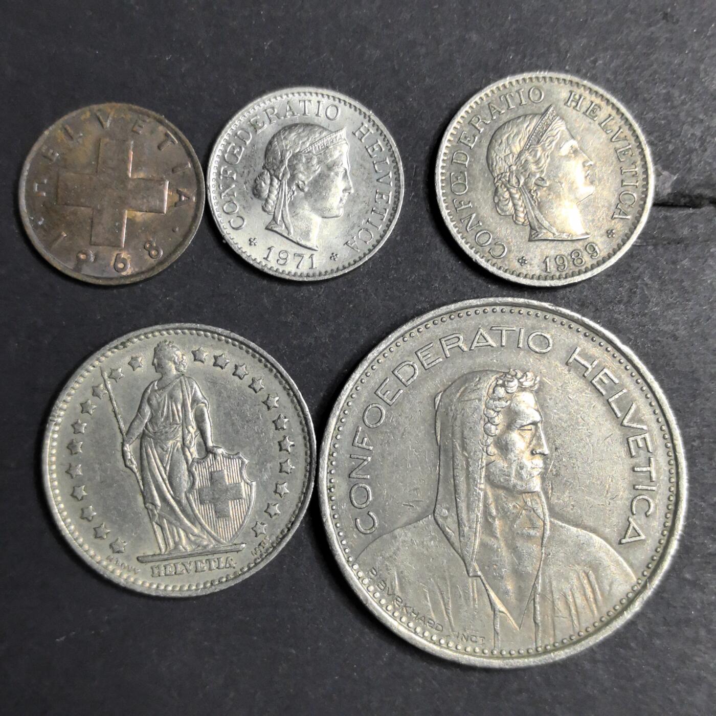 各国硬币第6期 无佣金 瑞士1  5   10法郎5个