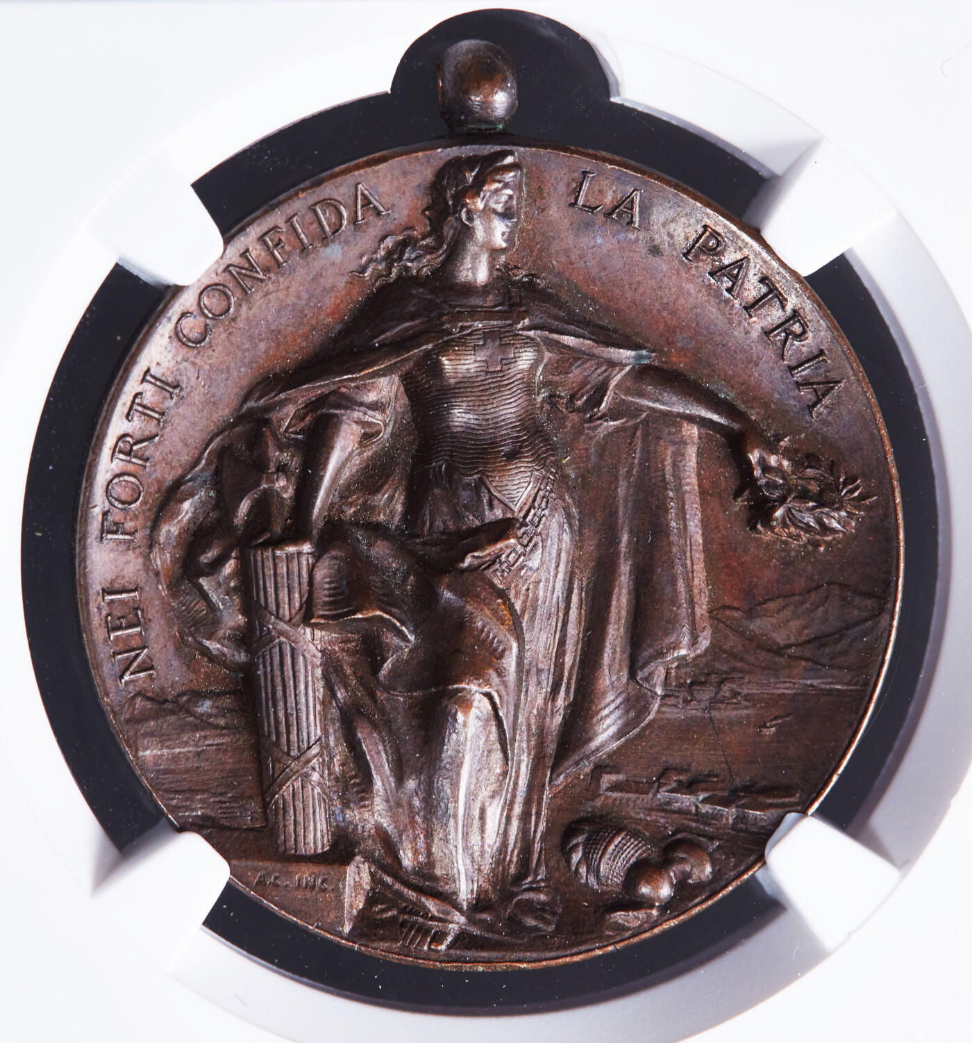 【俄甄集藏】2025年(044)11-12星期三晚 19:30 全场包邮 瑞士1894年纪念卢加诺联邦体操节铜章，NGC MS63，高浮雕，巧克力包浆，正面为象征联邦的瑞士女神