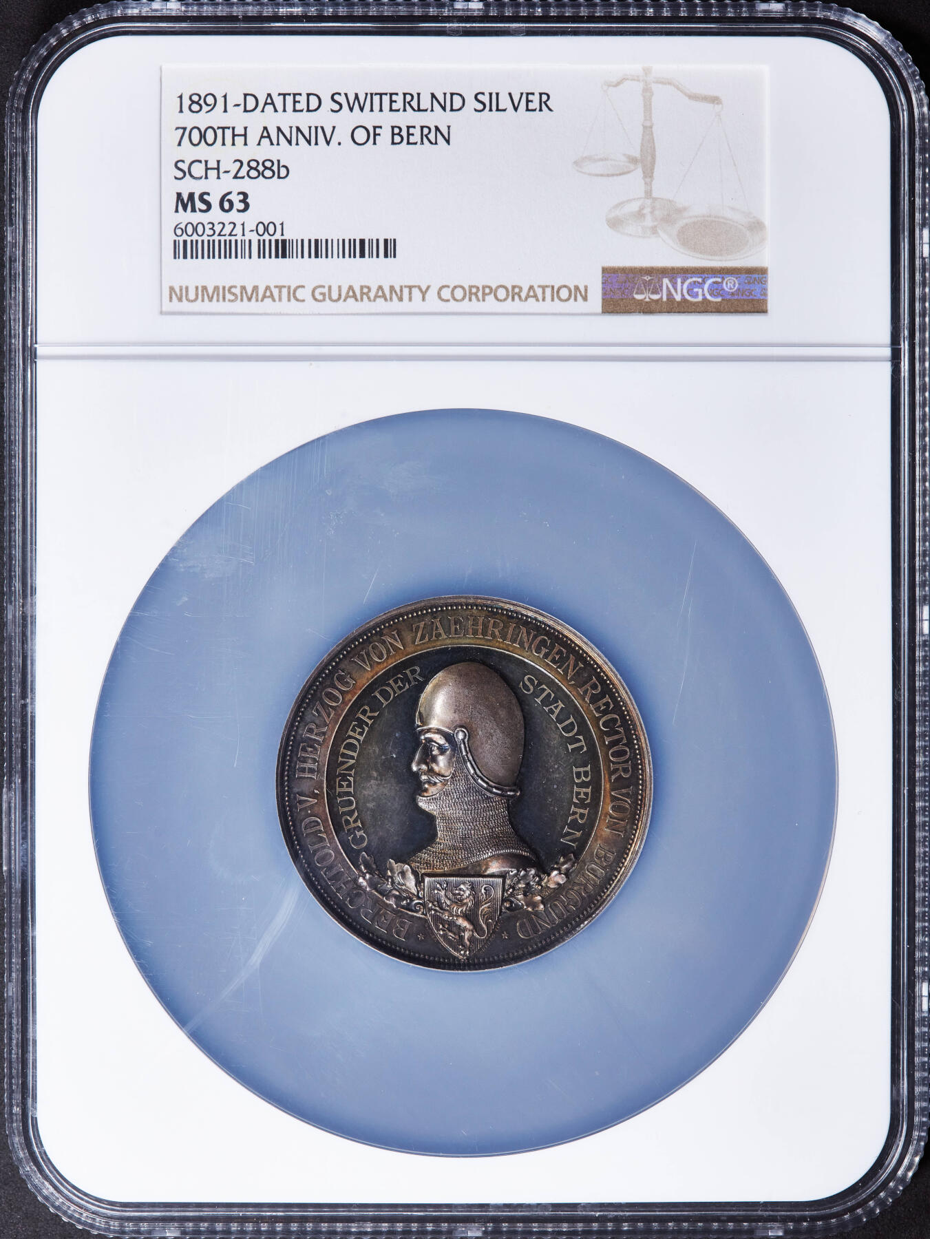 【俄甄集藏】2025年(044)11-12星期三晚 19:30 全场包邮 瑞士1891年纪念伯尔尼建城700周年大型银章，NGC MS63，高浮雕，五彩酱彩老包浆，底板凝霜，名誉品种，味道极佳，直径50mm
