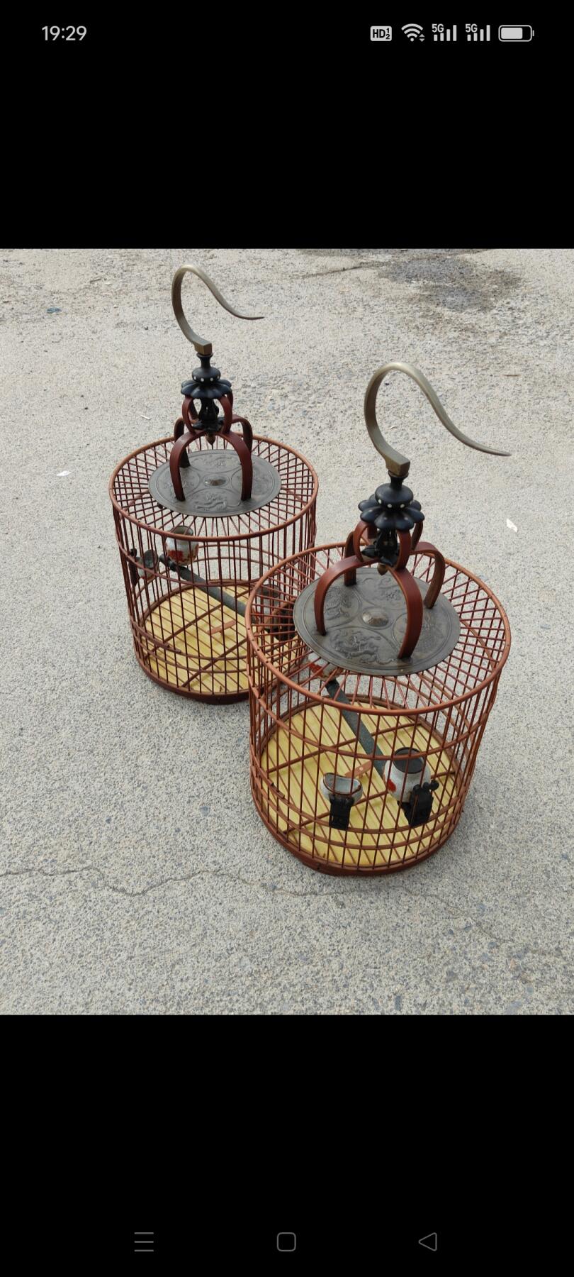 一对紫竹鸟笼子，白铜钩子铜顶，钩子上有“孟”字款，包浆一流，保存完好