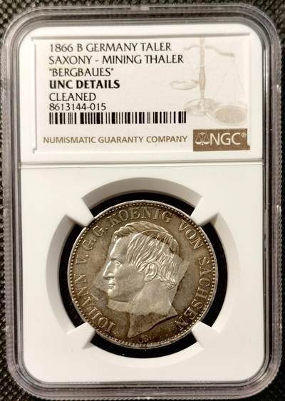甄臻铺-世界币章拍卖（第38期）立冬小精品场，送拍享返佣金等优惠多多 - NGC-UNCD 德国1866年萨克森矿业流通1泰勒 矿工人物刻画细致完整，包浆好玩