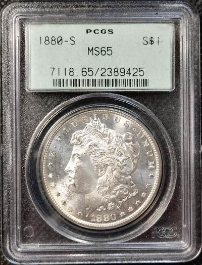 甄臻铺-世界币章拍卖（第38期）立冬小精品场，送拍享返佣金等优惠多多 - PCGS-MS65 1880年美国S版摩根，老盒子保存完好，地板PL质感