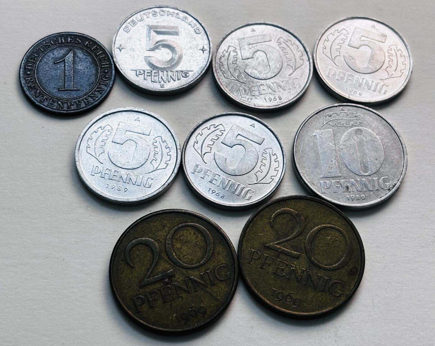 文馨钱币收藏第 279 场，银币，纪念铜章场 长期接收代拍品 魏玛德国，东德一组 9 枚 1 芬尼-20 芬尼