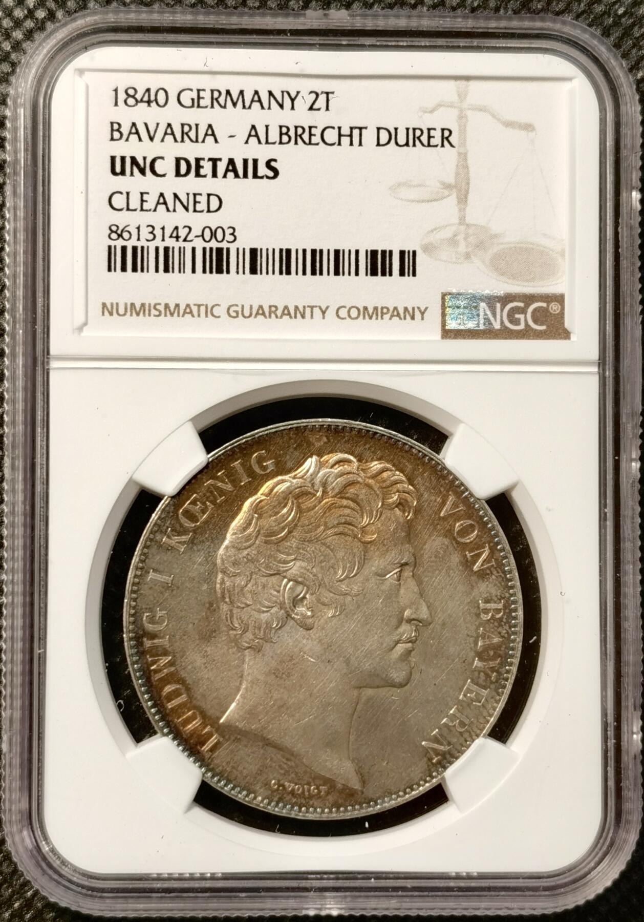 甄臻铺-世界币章拍卖（第38期）立冬小精品场，送拍享返佣金等优惠多多 NGC-UNCD 1840年德国巴伐利亚阿尔布雷希特·泰勒2泰勒银币 历史泰勒中的较少见品种 五彩包浆