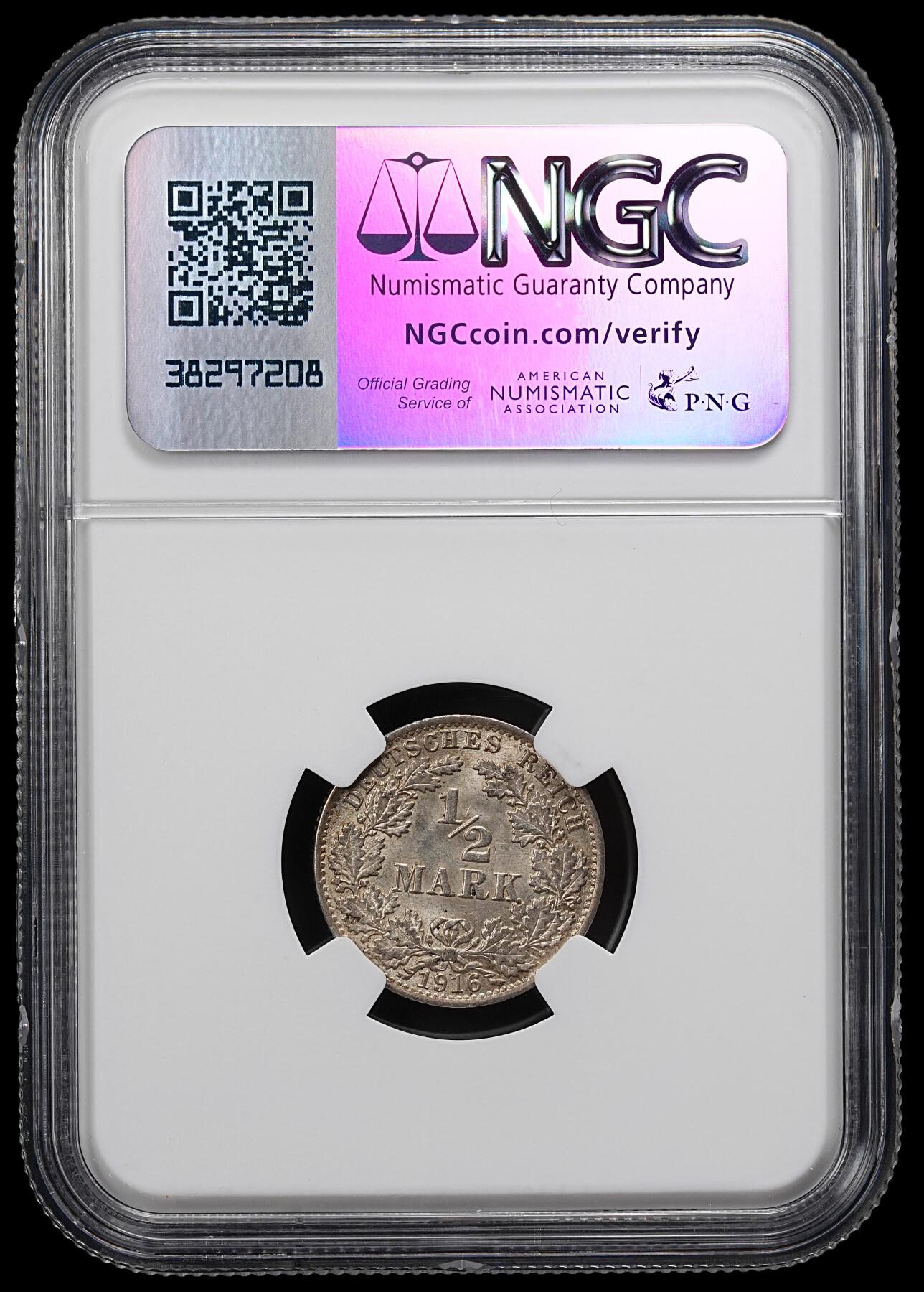修遠堂世界钱币第九十二期 NGC MS65 1916年德国1/2马克银币 A厂铭