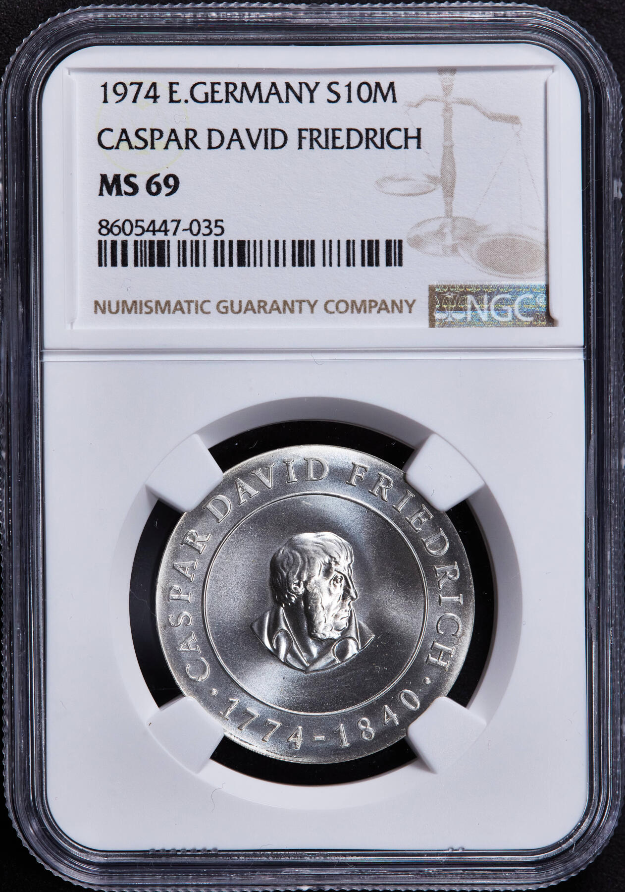 【俄甄集藏】2025年(044)11-12星期三晚 19:30 全场包邮 民主德国（东德）1974年纪念画家卡斯帕·大卫·弗里德里希诞辰200周年10马克银币，NGC MS69，毫无疑问唯一冠军，重17克，62.5%银，发行量75000枚，顶级状态，少见品种