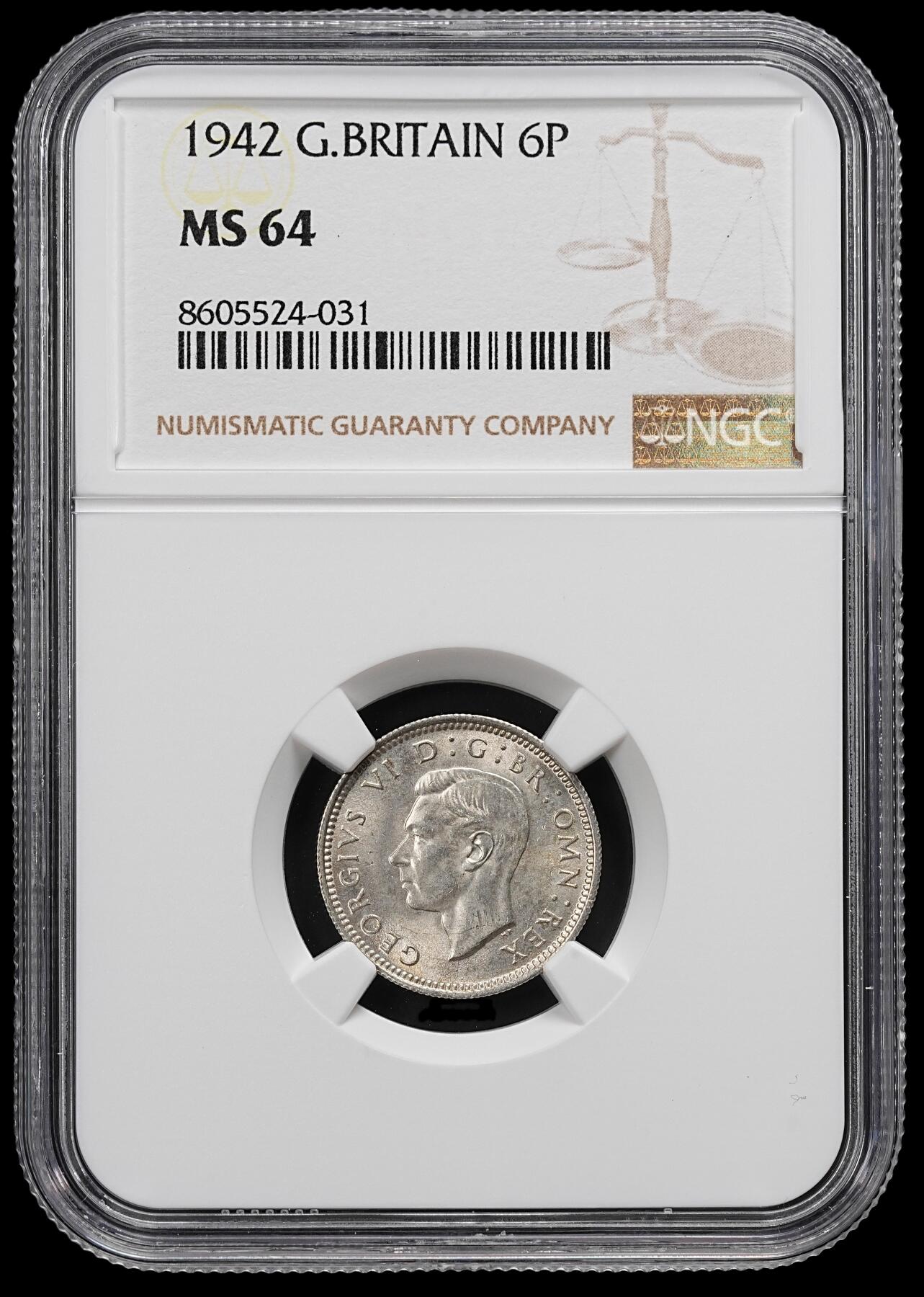 修遠堂世界钱币第九十二期 NGC MS64 1942年英国6便士银币