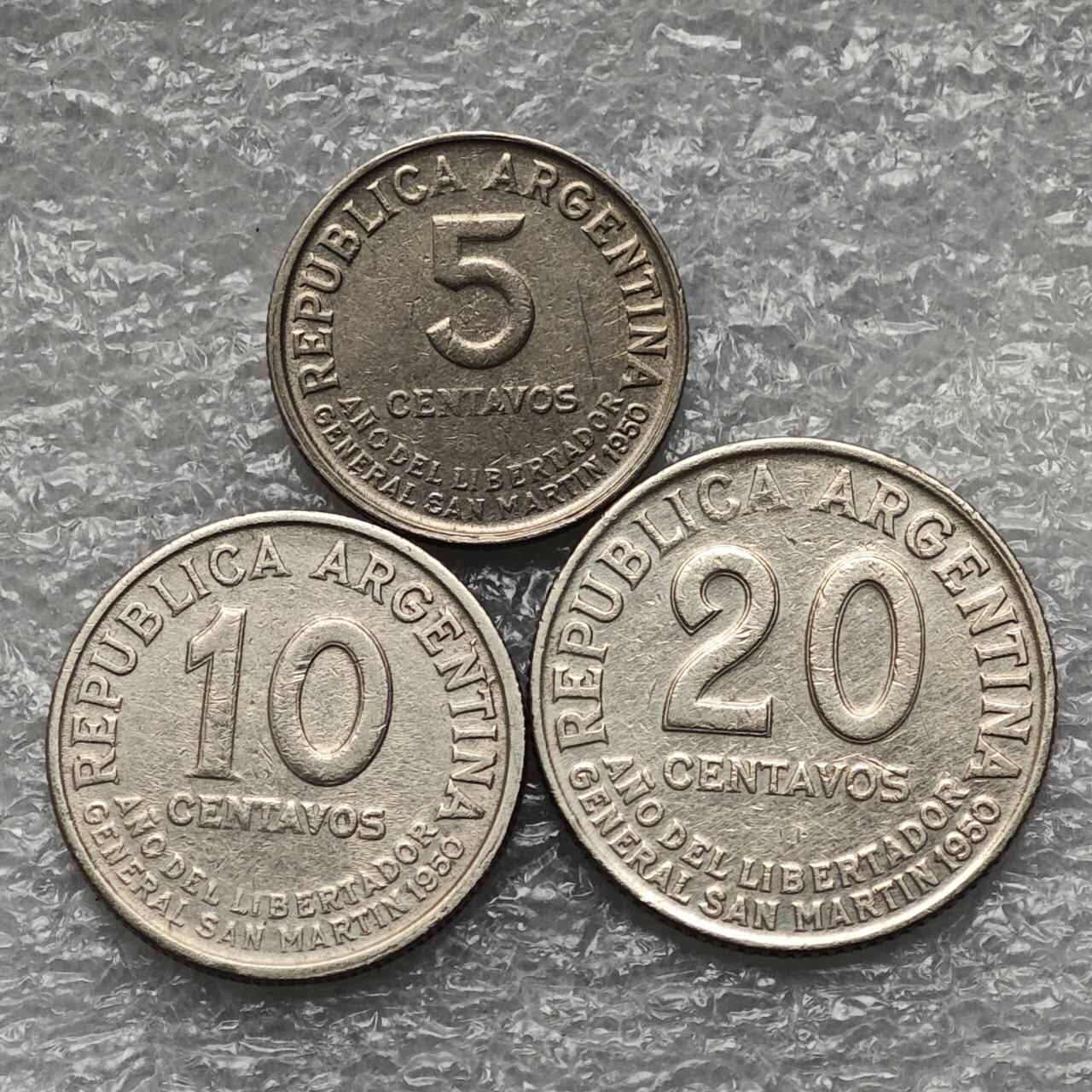 【淘币小摊】限时拍第七百九十五拍  葡属印度爪哇波兰阿根廷专场  满百包邮可预留两周  周一统一发货  阿根廷1950年5-20分3枚齿边铜镍纪念版