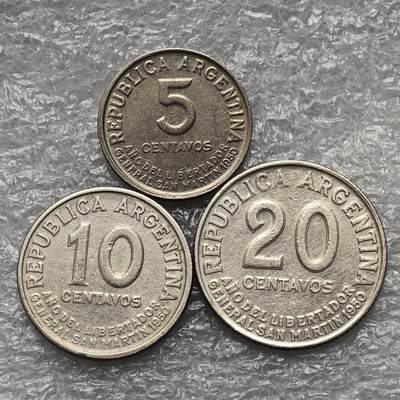 【淘币小摊】限时拍第七百九十五拍  葡属印度爪哇波兰阿根廷专场  满百包邮可预留两周  周一统一发货  - 阿根廷1950年5-20分3枚齿边铜镍纪念版