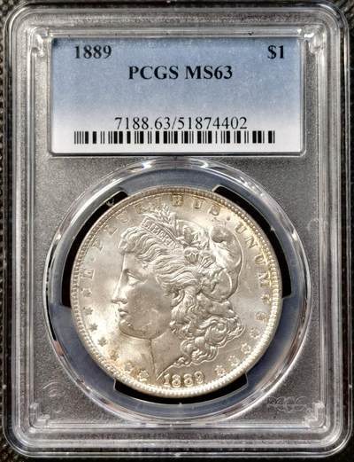 甄臻铺-世界币章拍卖（第38期）立冬小精品场，送拍享返佣金等优惠多多 - PCGS-MS63 1889年美国摩根，单面炫彩，卷尾，低评