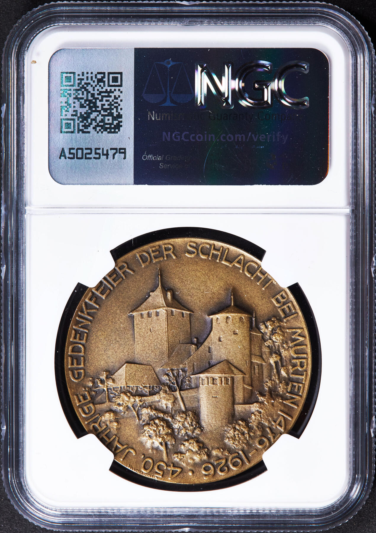 【俄甄集藏】2025年(044)11-12星期三晚 19:30 全场包邮 瑞士1926年纪念独立战争穆尔滕战役胜利450周年铜章，NGC MS64，章牌描述瑞士联军击败勃艮第公爵“大胆查理”军队，巩固独立地位，稀少品种
