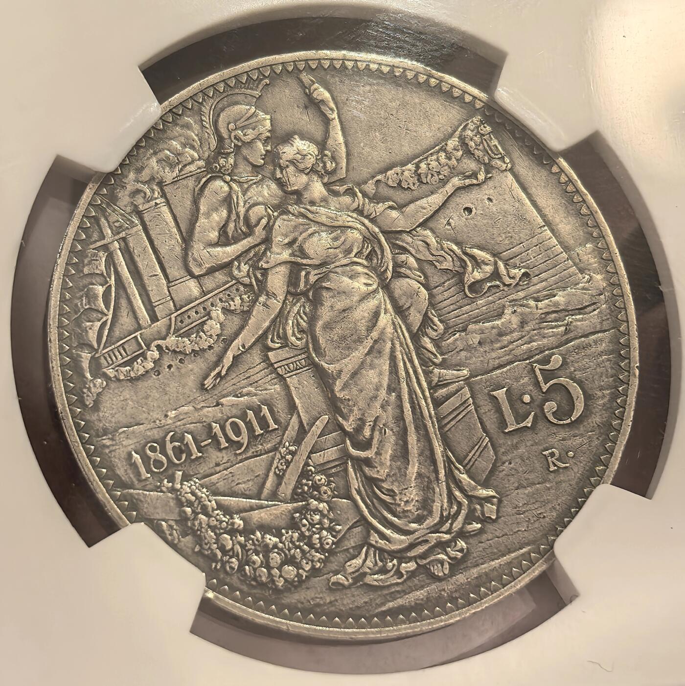 博洋堂“物美丰成”11月精品专场暨第145期（全场包邮） NGC XF 意大利1911年建国50周年托奶5里拉大银币，大名誉品