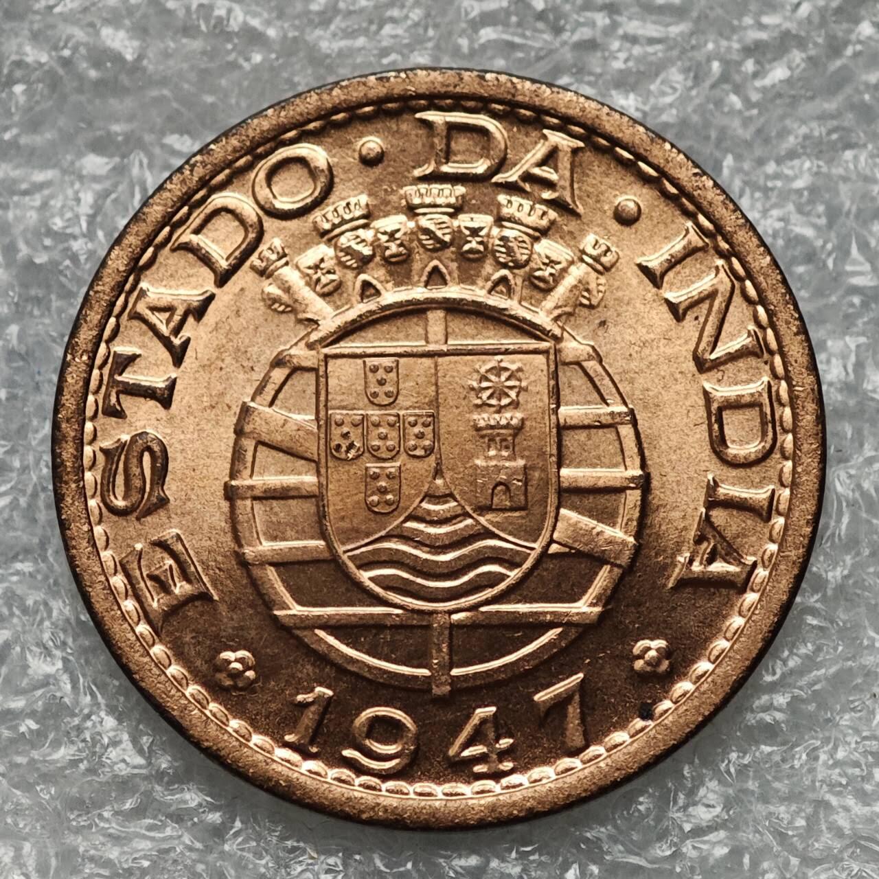 【淘币小摊】限时拍第七百九十五拍  葡属印度爪哇波兰阿根廷专场  满百包邮可预留两周  周一统一发货  葡属印度1947年1唐加铜币发行量100万枚UNC原光品 km24