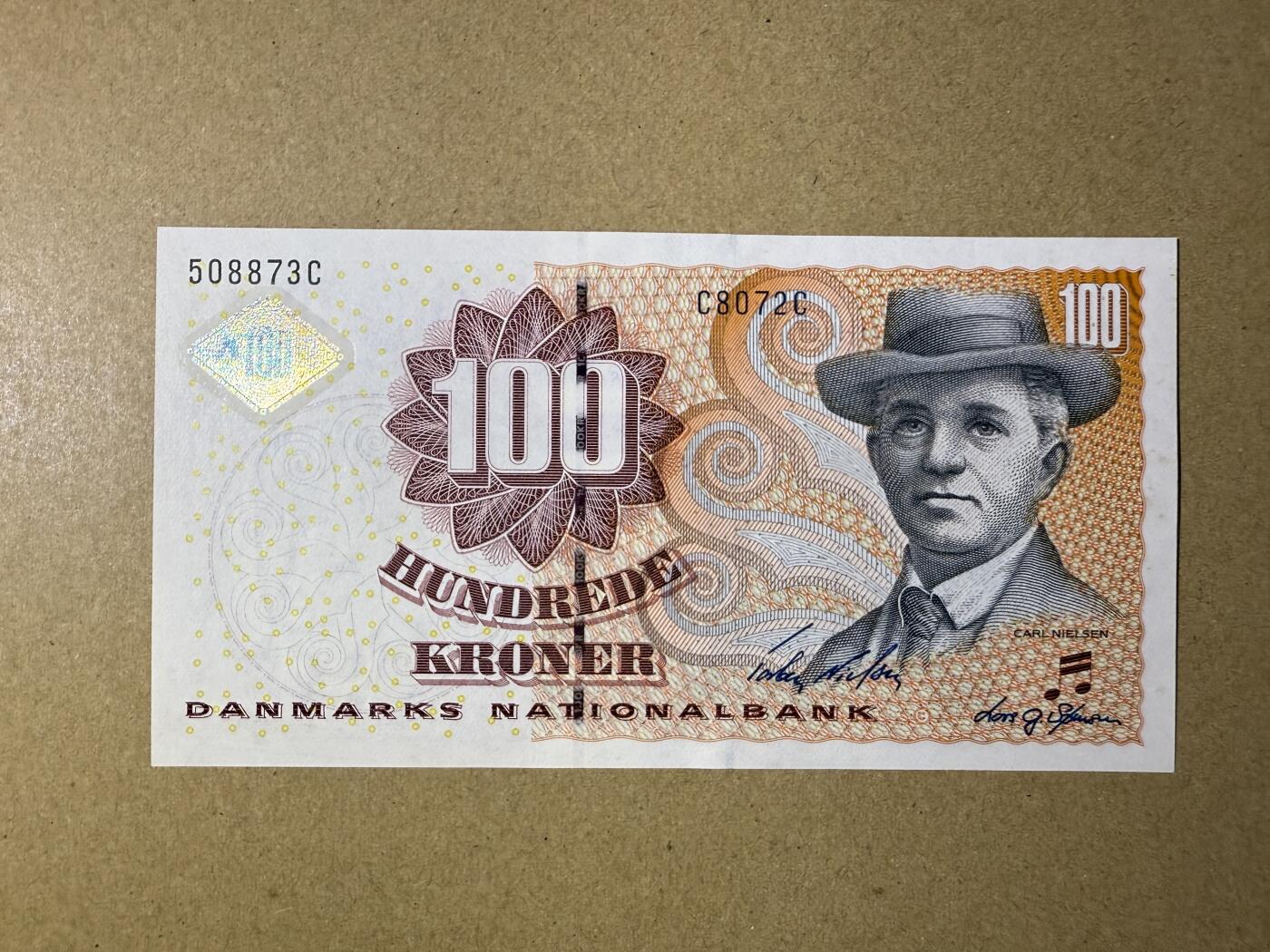 《艾美收藏》第219期-11.9周日外币畅拍场 丹麦100克朗  UNC 2007年 丹麦作曲家尼尔森 无4