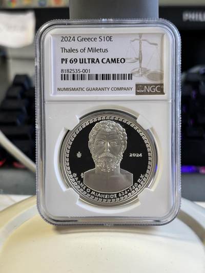 第181期拍卖 - 希腊2024年文化系列数学家埃拉托斯特尼10欧精制纪念银币NGC PF69原盒证书，34.1克，925银，发行2000枚
