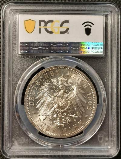 甄臻铺-世界币章拍卖（第38期）立冬小精品场，送拍享返佣金等优惠多多 PCGS-MS65 德国巴登1902年弗里德里希大公登基50周年5马克大银币 顶级高分 丝滑转光 状态很好 